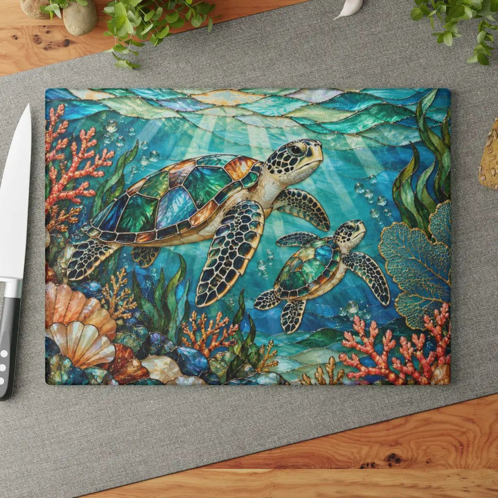 Sea Turtle Cutting Board, Ocean Kitchen Decor, Marine Life Glass Chopping Board, Coastal Sea Turtle Gift, Coral Reef Kitchen Art Piece