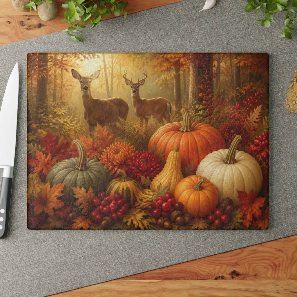 Deer Glass Cutting Board, Woodland Fall Kitchen Decor, Pumpkin Harvest Cutting Board, Rustic Autumn Gift