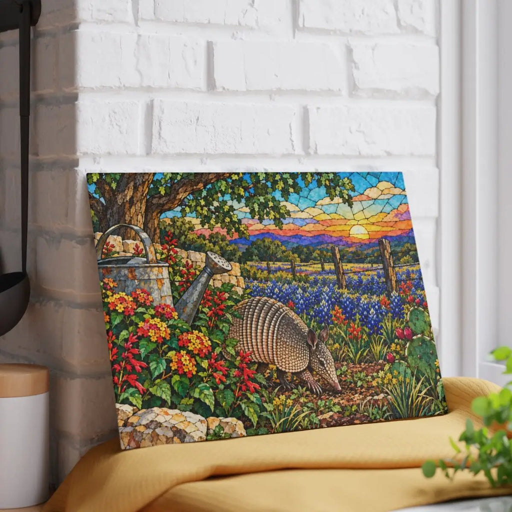 Texas Armadillo Glass Cutting Board, Bluebonnet Kitchen Decor, Stained Glass Style Texas Wildlife Gift, Country Garden Housewarming Gift