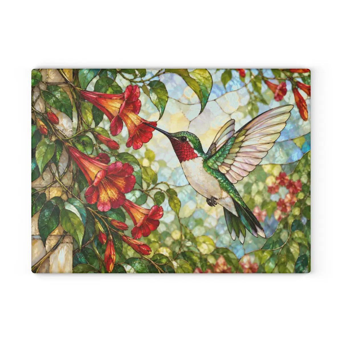 Hummingbird Cutting Board, Stained Glass Hummingbird Decor, Trumpet Vine Kitchen Decor, Bird Lover Gift, Garden Lover Gift