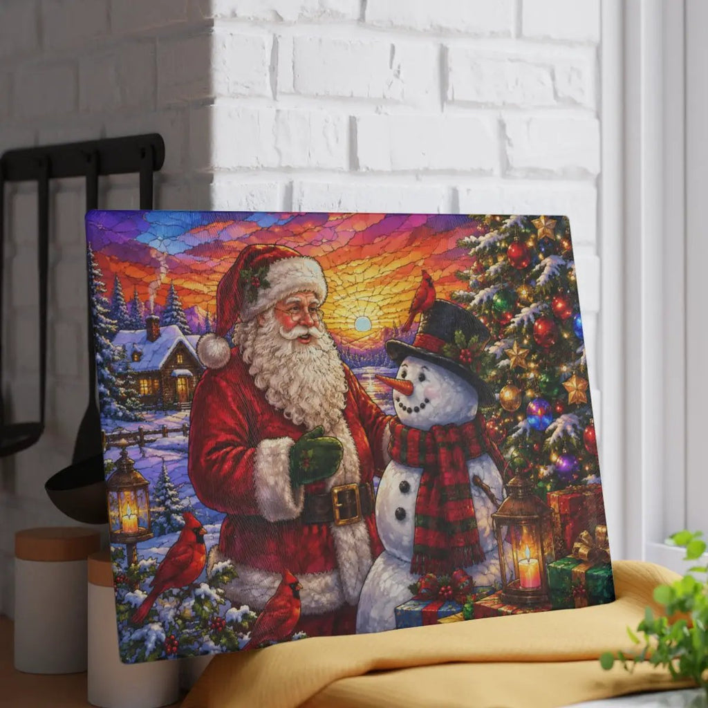 Santa and Snowman Glass Cutting Board, Christmas Kitchen Decor, Cardinal Holiday Gift, Stained Glass Christmas Serving Board, Santa Decor