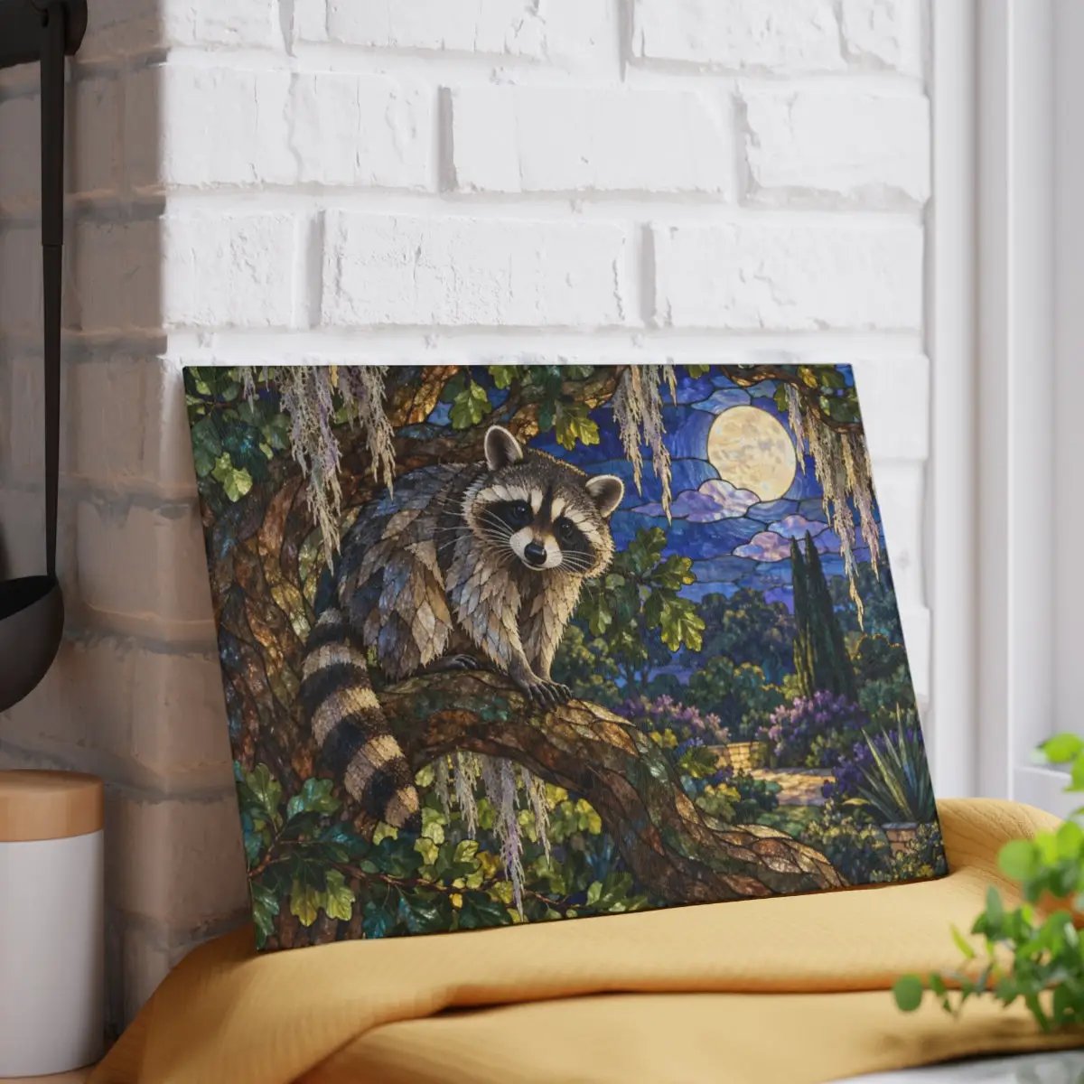 Raccoon Glass Cutting Board, Woodland Kitchen Decor, Moonlit Forest Chopping Board, Wildlife Lover Gift, Rustic Nature Kitchen Accent