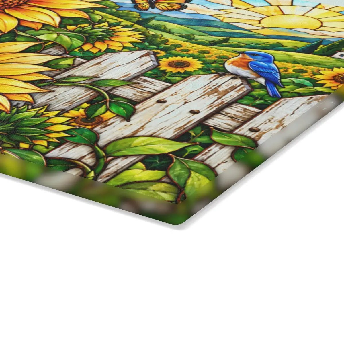 Sunflower Glass Cutting Board, Country Garden Kitchen Decor, Butterfly Sunflower Gift, Bluebird Floral Board, Cottage Kitchen Decor
