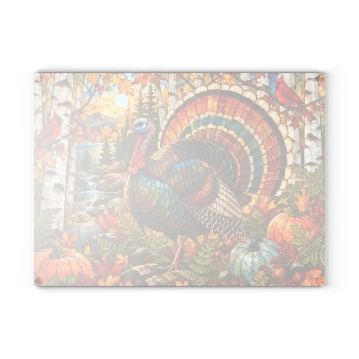 Thanksgiving Turkey Glass Cutting Board, Woodland Turkey Kitchen Decor, Fall Cardinal Birch Forest Cutting Board, Autumn Gift