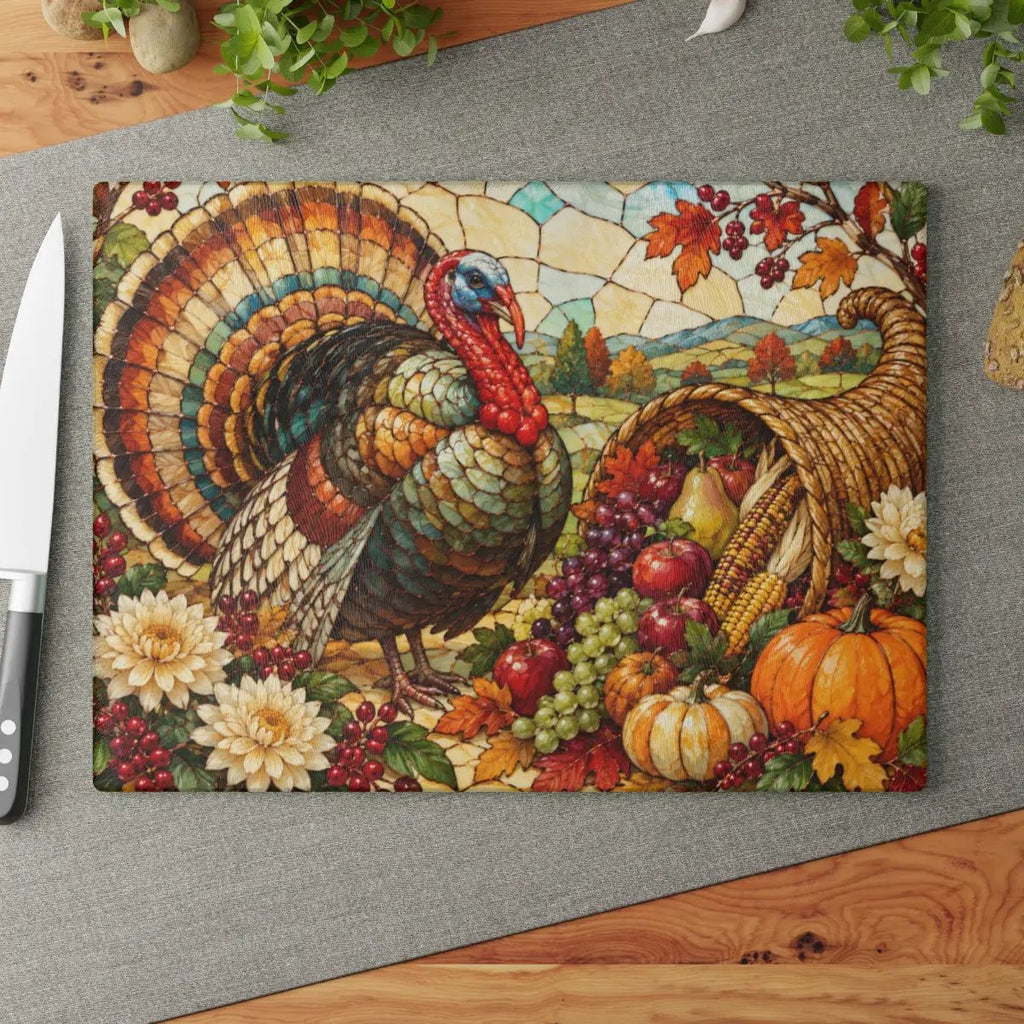 Thanksgiving Turkey Glass Cutting Board, Stained Glass Harvest Kitchen Decor, Fall Turkey Chopping Board, Country Thanksgiving Gift