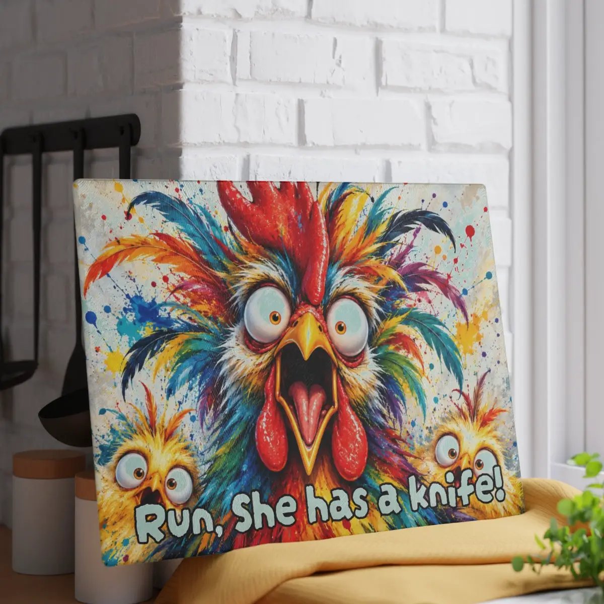 Rainbow Rooster Cutting Board, Funny Screaming Chicken Kitchen Decor, Colorful Rooster Gift, Chicken Lover Farmhouse Decor