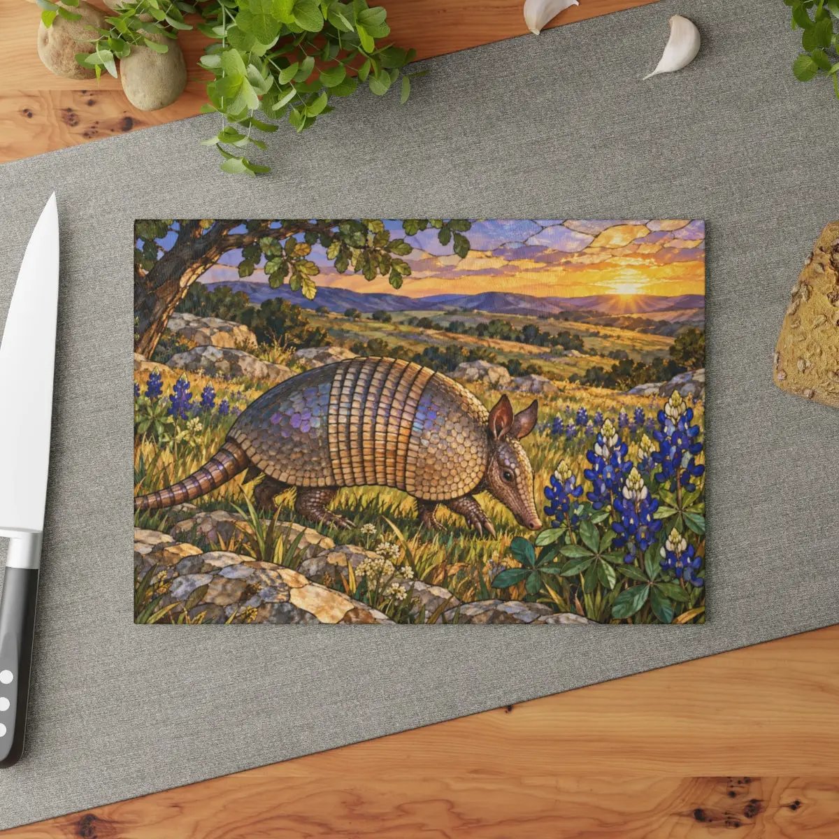 Texas Armadillo Glass Cutting Board, Bluebonnet Kitchen Decor, Wildlife Chopping Board, Southwestern Countryside Kitchen Gift, 2 Sizes