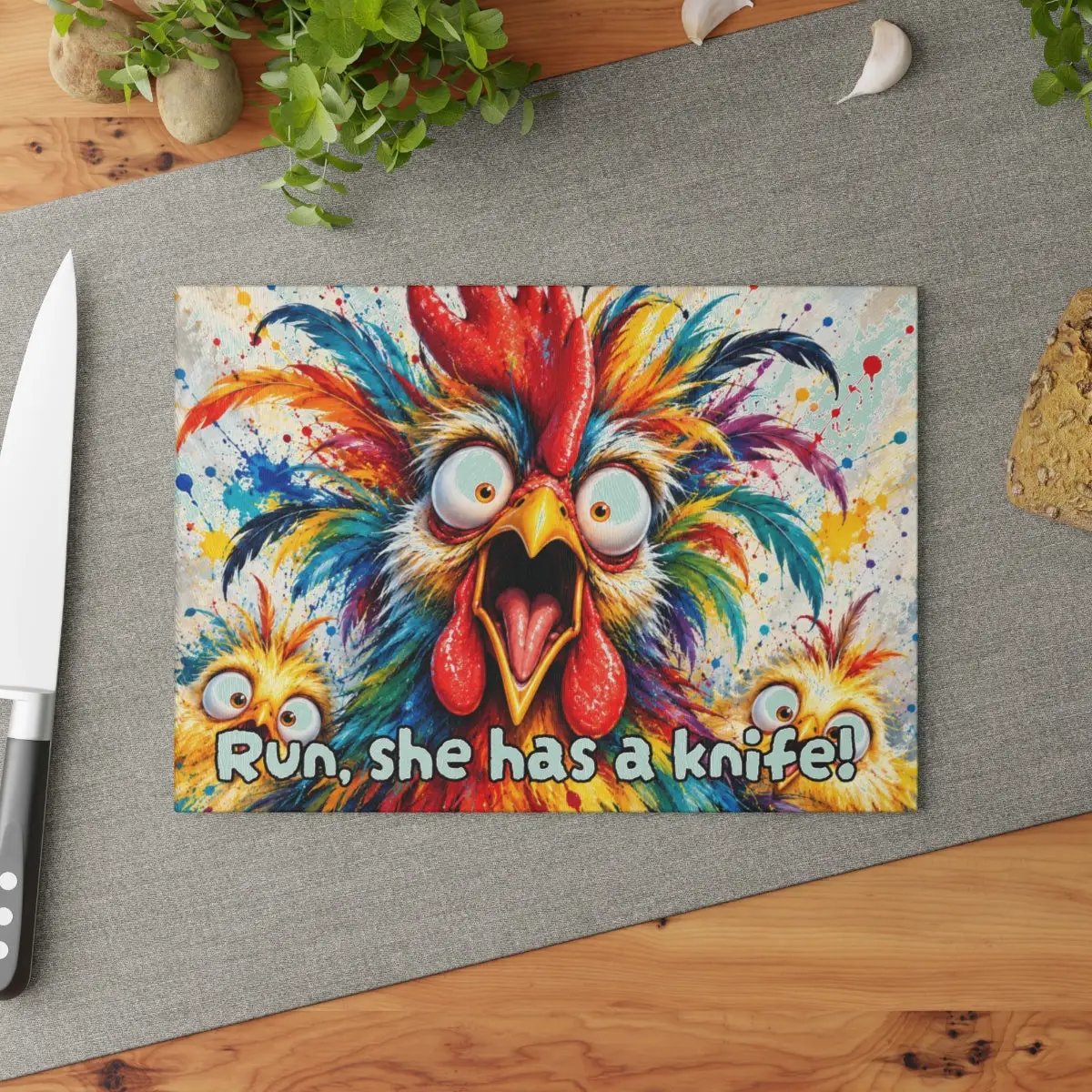 Rainbow Rooster Cutting Board, Funny Screaming Chicken Kitchen Decor, Colorful Rooster Gift, Chicken Lover Farmhouse Decor
