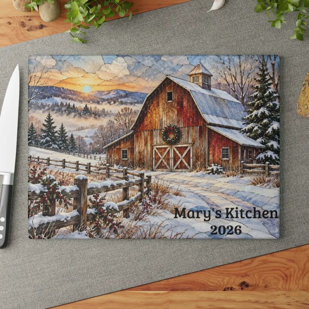 Snowfall Ridge Winter Barn Personalized Cutting Board, Country Farmhouse Kitchen Decor, Stained Glass Farm Scene, Rustic Christmas Gift, Custom Family Gift