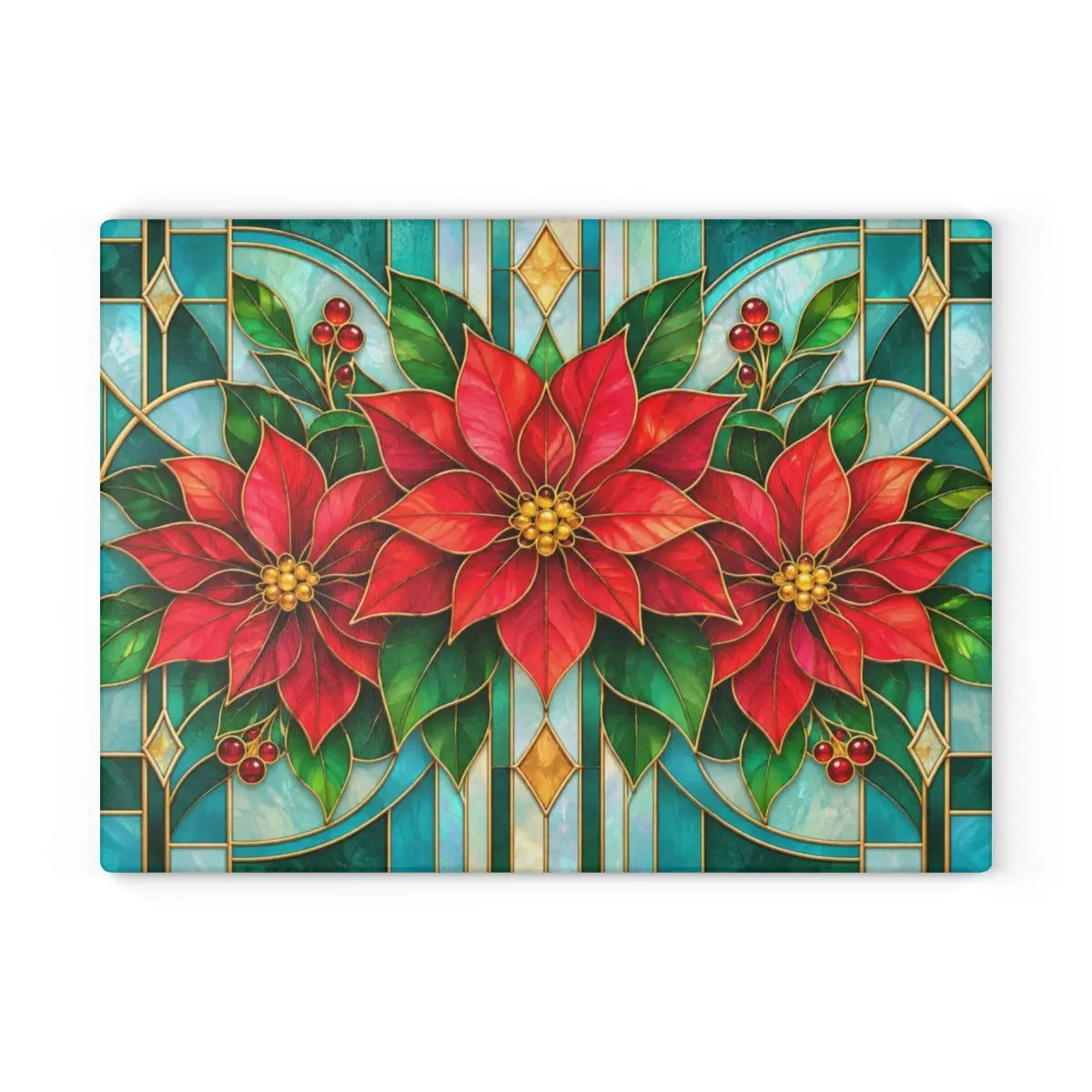 Christmas Poinsettia Glass Cutting Board, Stained Glass Floral Kitchen Decor, Holiday Serving Board, Festive Cooking Gift for Home Chefs