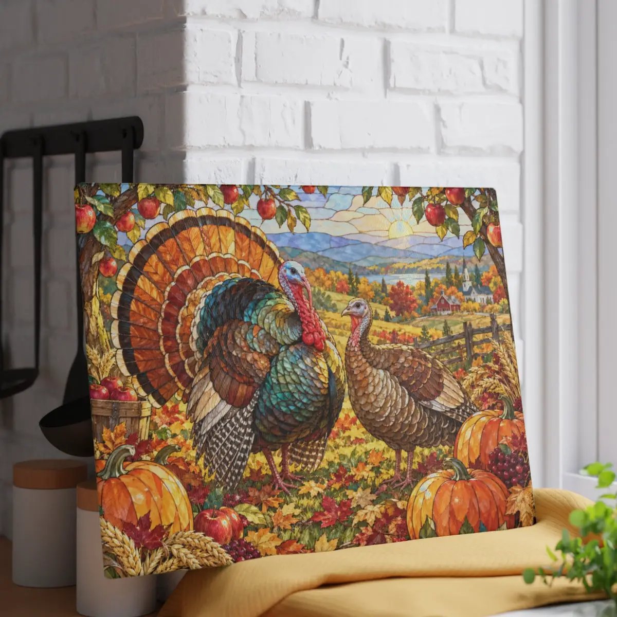 Thanksgiving Turkey Glass Cutting Board, Stained Glass Turkey Kitchen Decor, Fall Harvest Chopping Board, Thanksgiving Gift