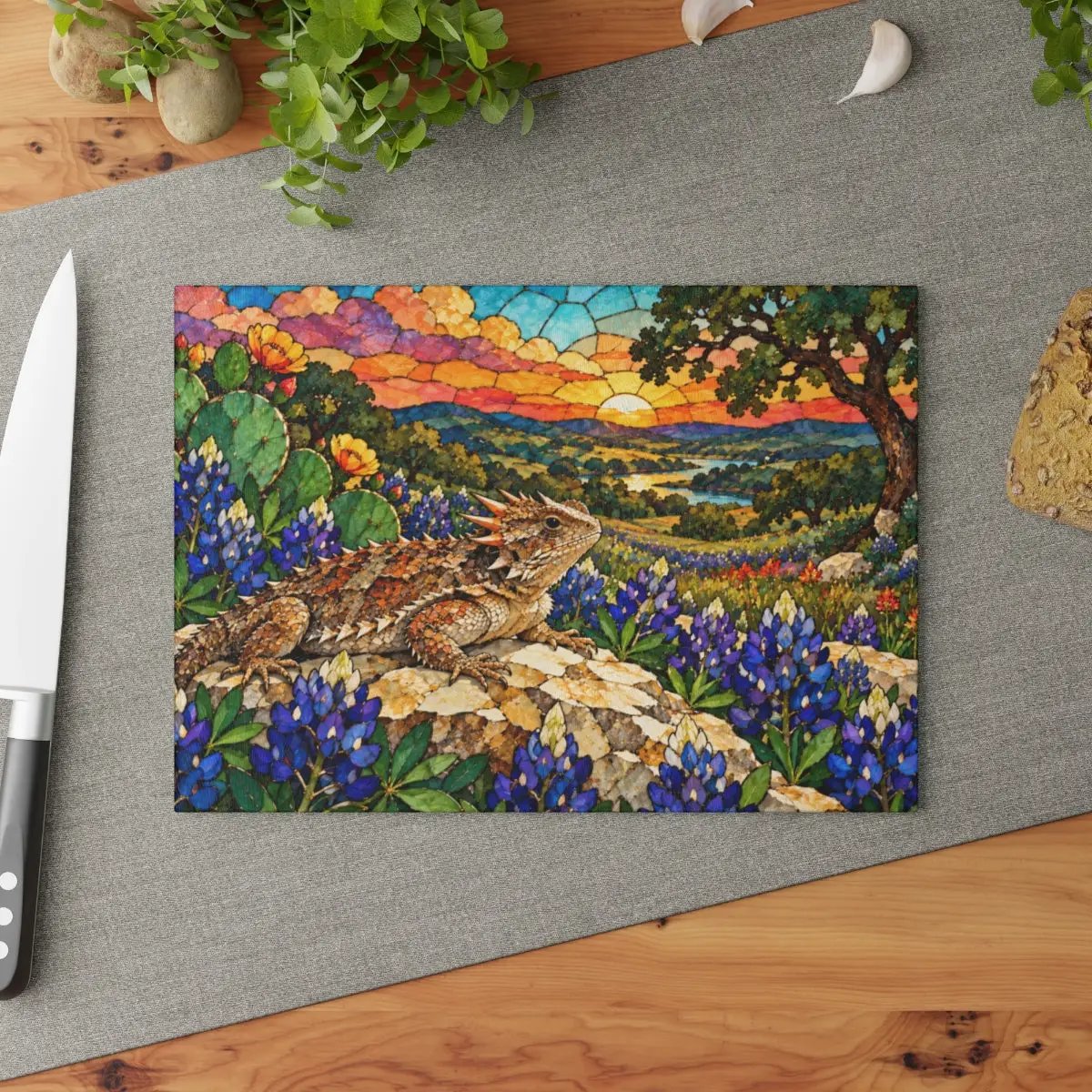 Texas Horned Lizard Glass Cutting Board, Bluebonnet Kitchen Decor, Texas Wildflower Cutting Board, Horny Toad Gift, Texas Housewarming Gift
