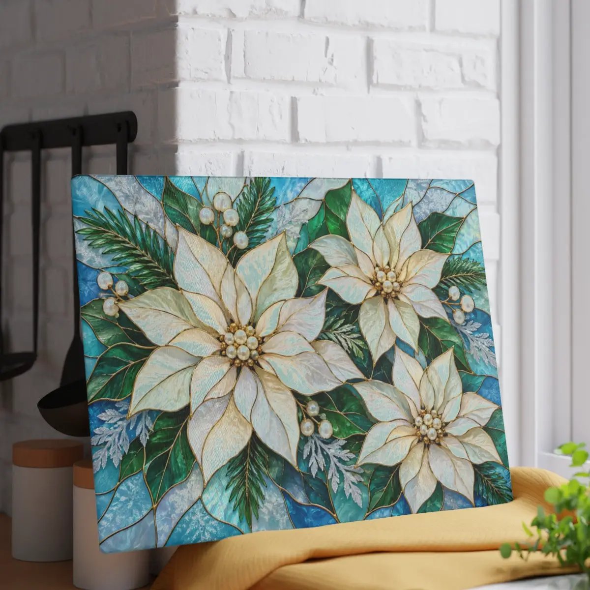 Winter Poinsettia Glass Cutting Board, Holiday Kitchen Decor, Floral Serving Board, Christmas Hostess Gift, Seasonal Home Accent Gift