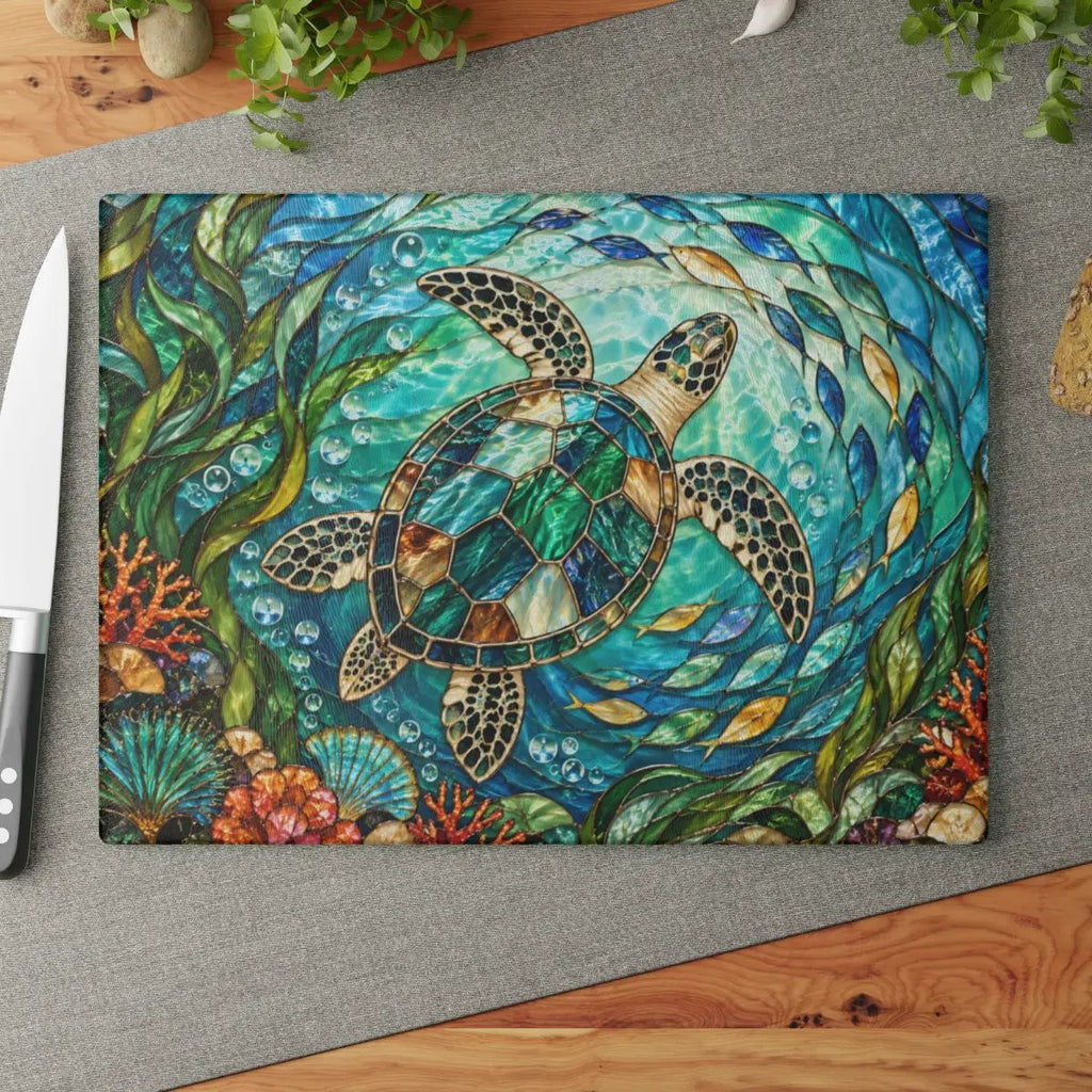Sea Turtle Glass Cutting Board, Ocean Kitchen Decor, Coastal Serving Board, Underwater Sea Life Chopping Board, Beach House Gift Idea