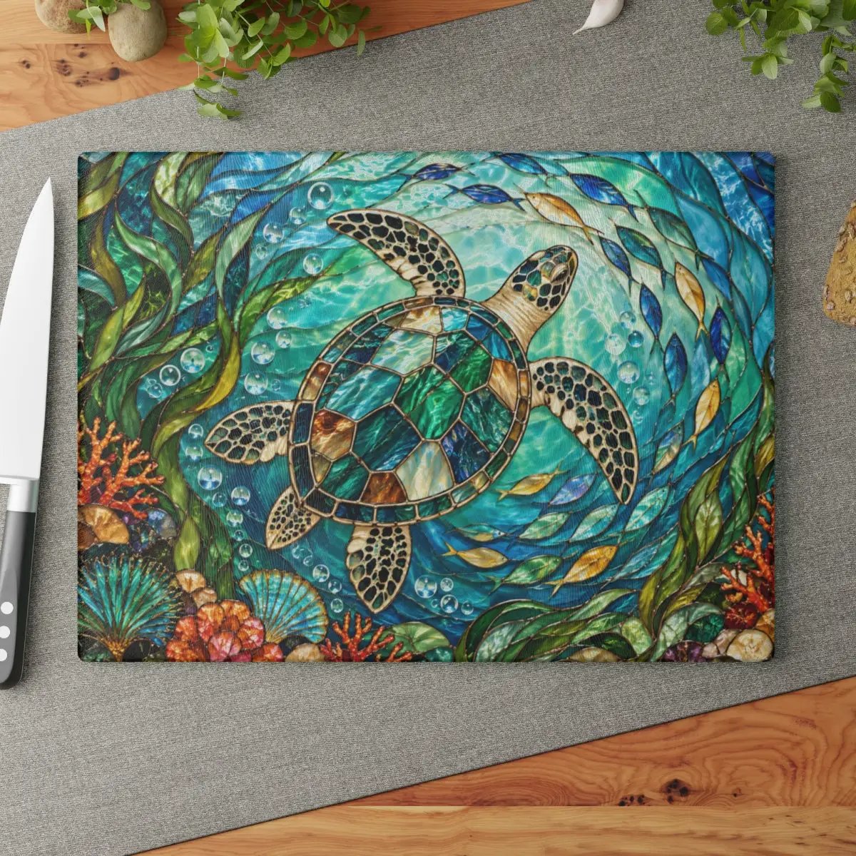 Sea Turtle Glass Cutting Board, Ocean Kitchen Decor, Coastal Serving Board, Underwater Sea Life Chopping Board, Beach House Gift Idea