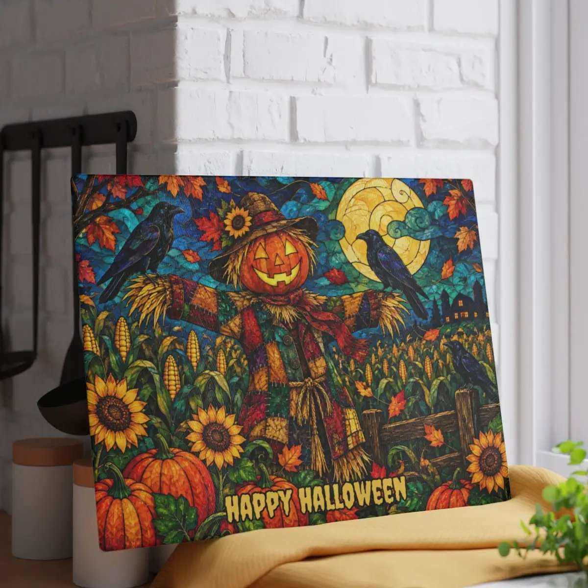 Halloween Scarecrow Personalized Glass Cutting Board, Spooky Pumpkin Kitchen Decor