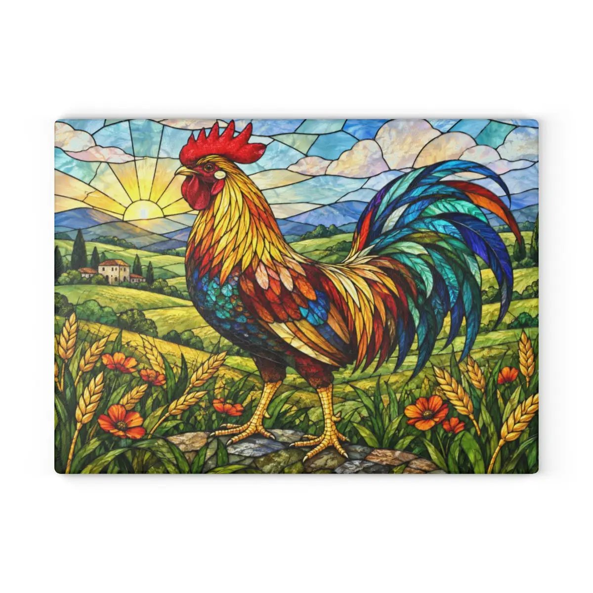Rooster Glass Cutting Board, Colorful Farmhouse Kitchen Decor, Stained Glass Rooster Art, Country Kitchen Gift, Rustic Farm Decor