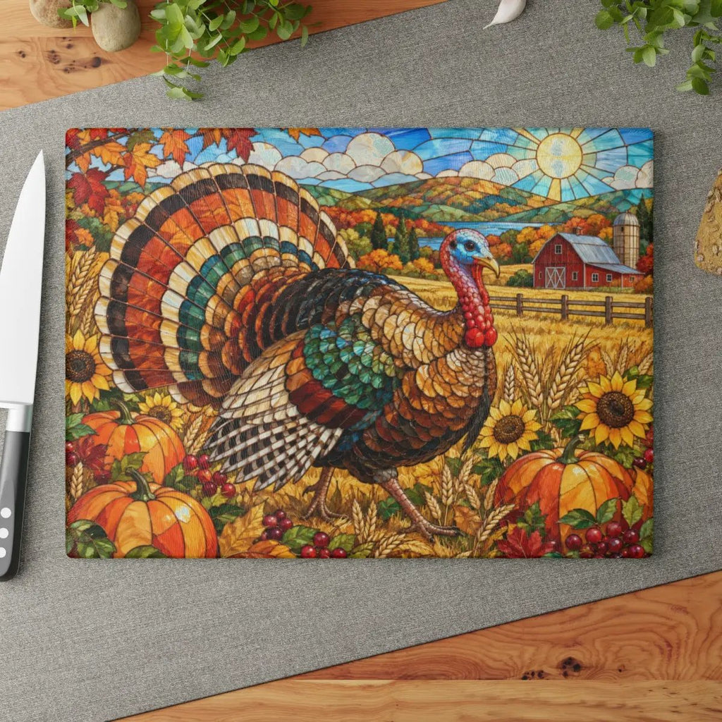 Thanksgiving Turkey Glass Cutting Board, Farmhouse Fall Kitchen Decor, Harvest Turkey Chopping Board, Autumn Hostess Gift