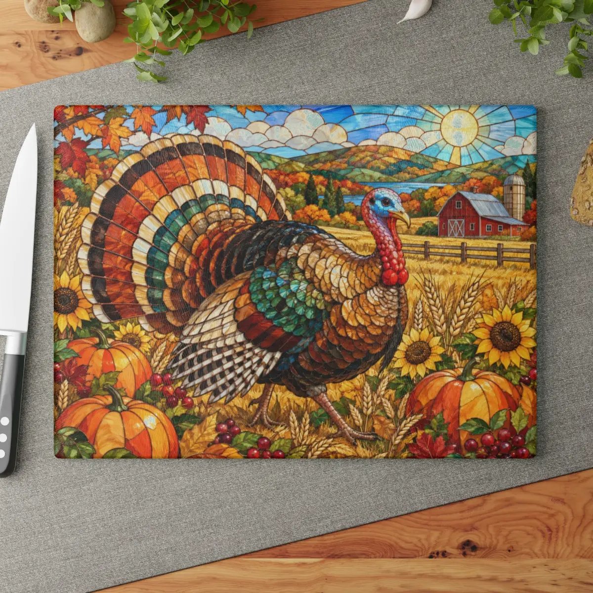 Thanksgiving Turkey Glass Cutting Board, Farmhouse Fall Kitchen Decor, Harvest Turkey Chopping Board, Autumn Hostess Gift