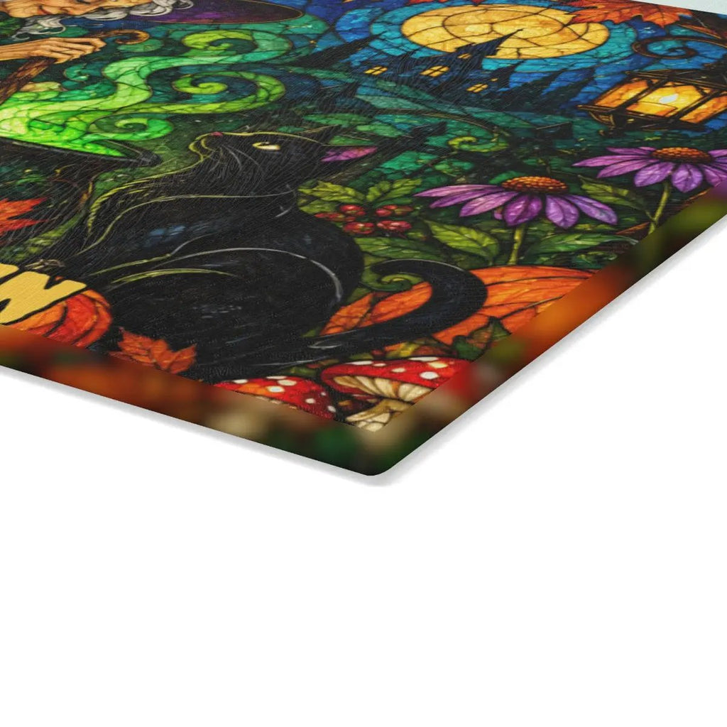 Halloween Witch Cauldron Personalized Glass Cutting Board, Spooky Black Cat Kitchen Decor