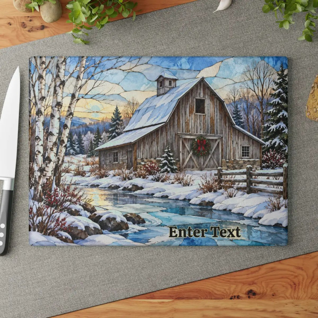 Country Winter Barn Glass Cutting Board, Snowy Farmhouse Kitchen Decor, Rustic Christmas Gift, Winter Barn Kitchen Board
