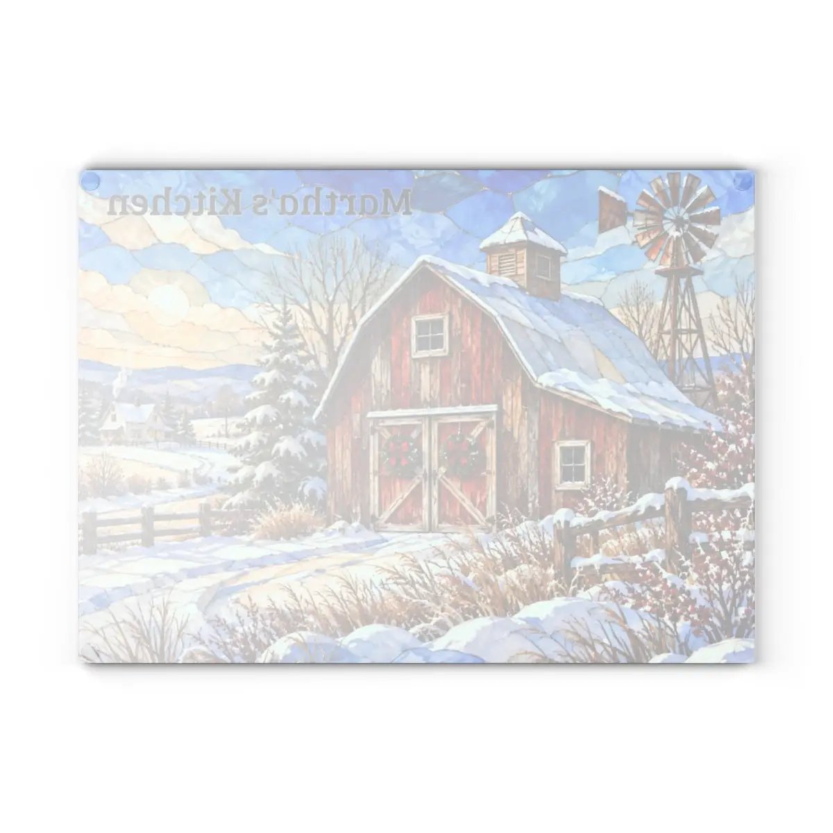 Winter Windmill Farm Glass Cutting Board, Red Barn Country Kitchen Decor, Rustic Farmhouse Christmas Gift