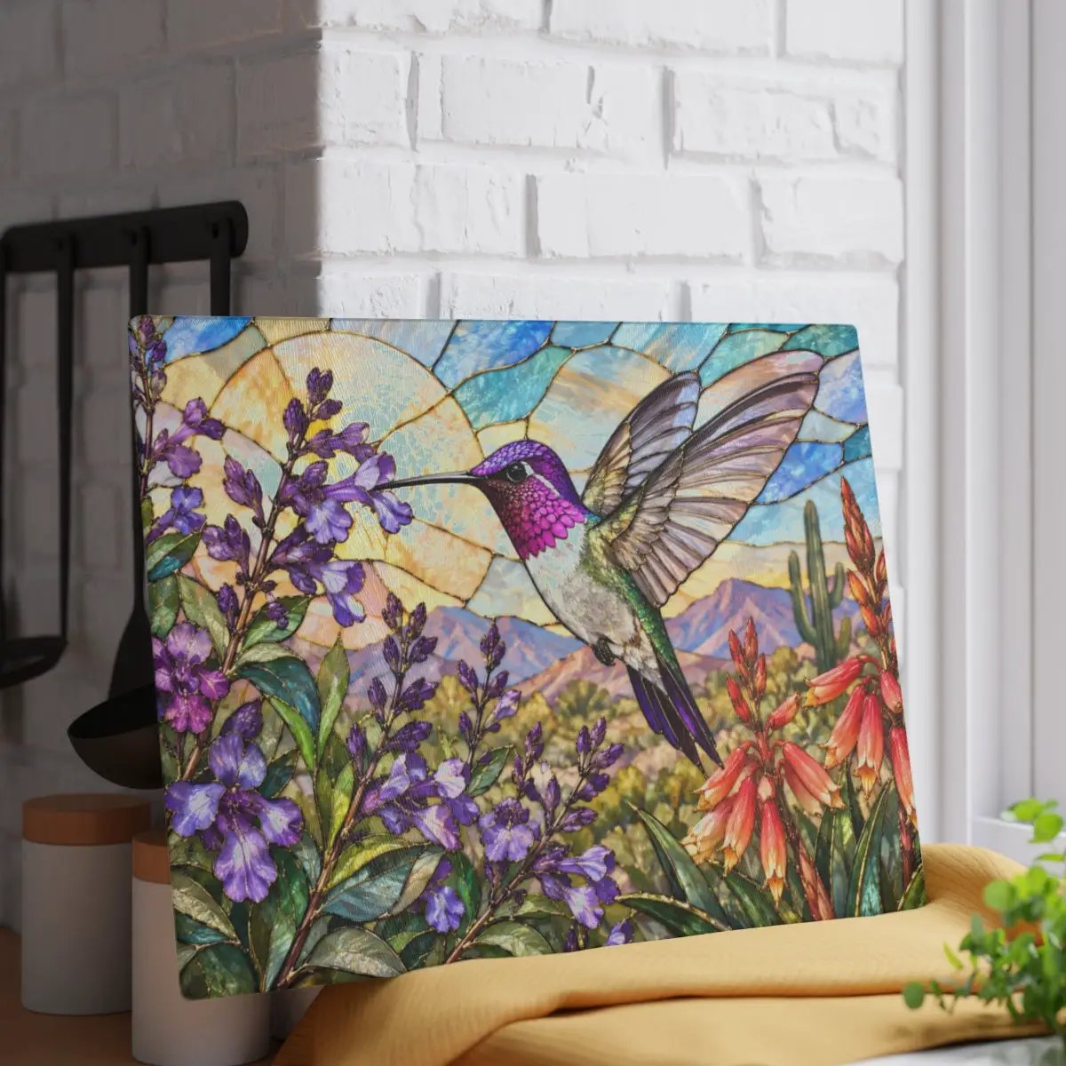 Hummingbird Cutting Board, Stained Glass Hummingbird Decor, Desert Wildflower Kitchen Decor, Bird Lover Gift, Southwest Decor