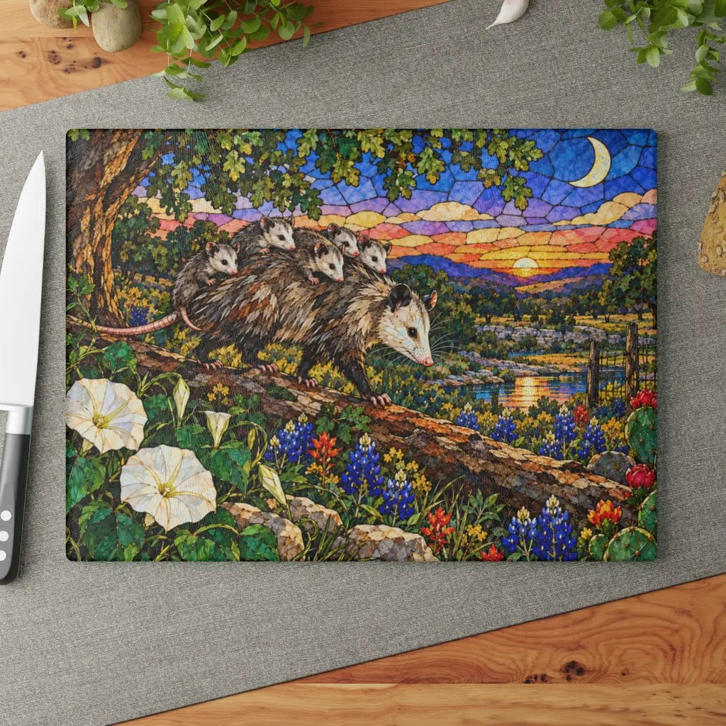 Possum Family Glass Cutting Board, Opossum Mom and Babies Gift, Texas Wildlife Kitchen Decor, Possum Lover Gift, Country Kitchen Art