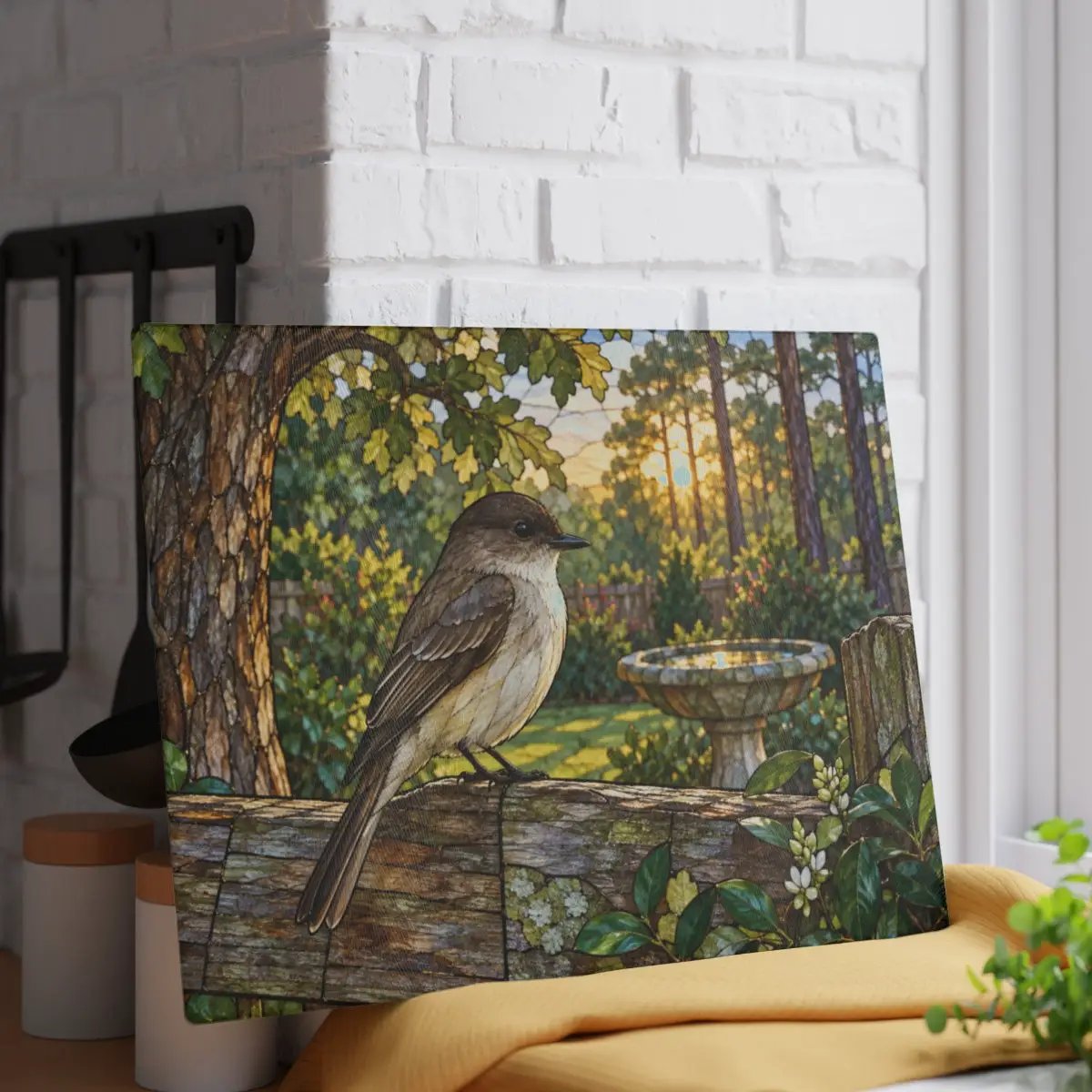 Eastern Phoebe Glass Cutting Board, Backyard Bird Kitchen Decor, Birdwatcher Gift, Bird Lover Gift, Nature Inspired Serving Board