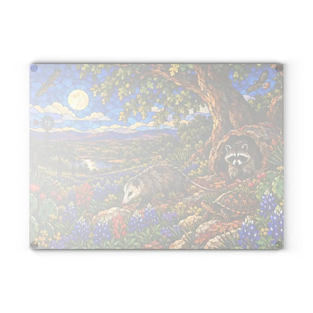 Raccoon and Possum Glass Cutting Board, Texas Wildlife Kitchen Decor, Opossum Raccoon Gift, Bluebonnet Country Cutting Board