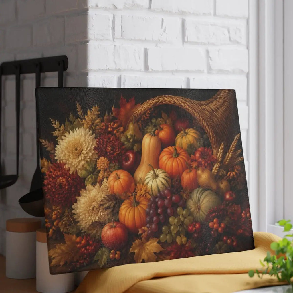 Cornucopia Glass Cutting Board, Thanksgiving Kitchen Decor, Fall Harvest Cutting Board, Autumn Hostess Gift
