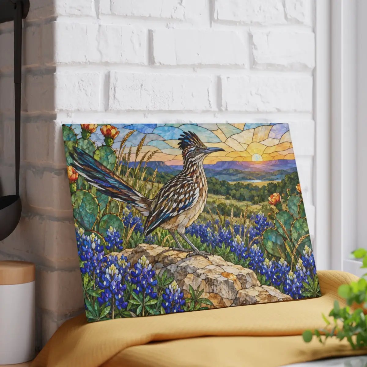 Roadrunner Glass Cutting Board, Southwestern Bird Kitchen Decor, Wildflower Landscape Chopping Board, Nature Lover Gift, Birdwatcher Gift