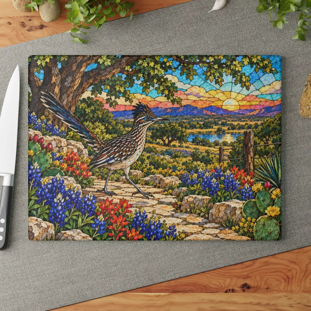 Texas Roadrunner Glass Cutting Board, Bluebonnet Kitchen Decor, Texas Wildflower Gift, Southwestern Kitchen Decor, Stained Glass Style