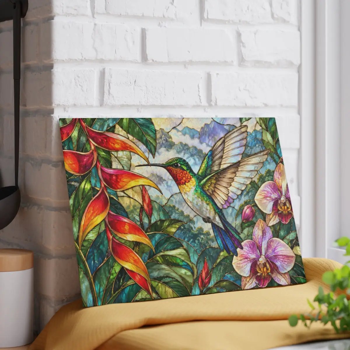 Hummingbird Cutting Board, Stained Glass Bird Decor, Tropical Orchid Kitchen Decor, Floral Hummingbird Gift, Nature Lover Gift