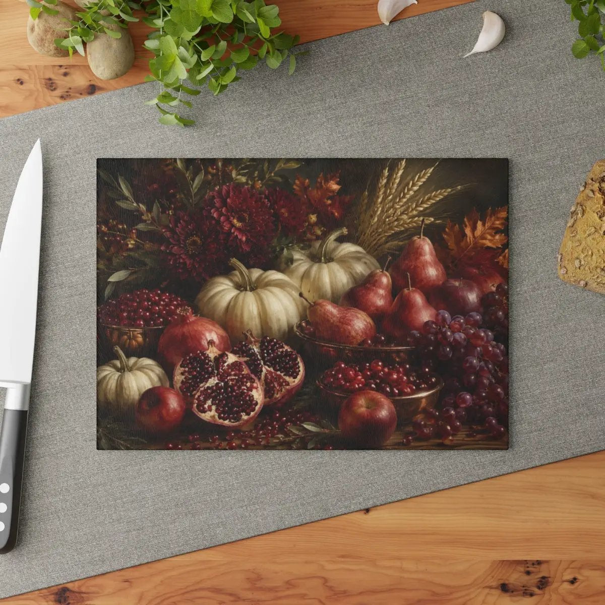 Pomegranate Glass Cutting Board, White Pumpkin Fall Kitchen Decor, Elegant Autumn Cutting Board, Harvest Kitchen Gift