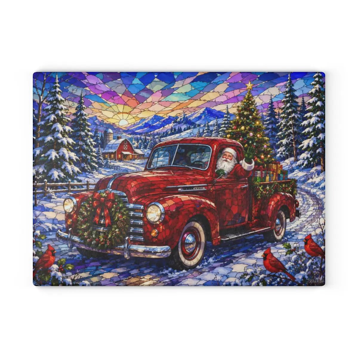 Santa Vintage Truck Glass Cutting Board, Christmas Farmhouse Kitchen Decor, Stained Glass Santa Claus, Red Pickup Holiday Gift