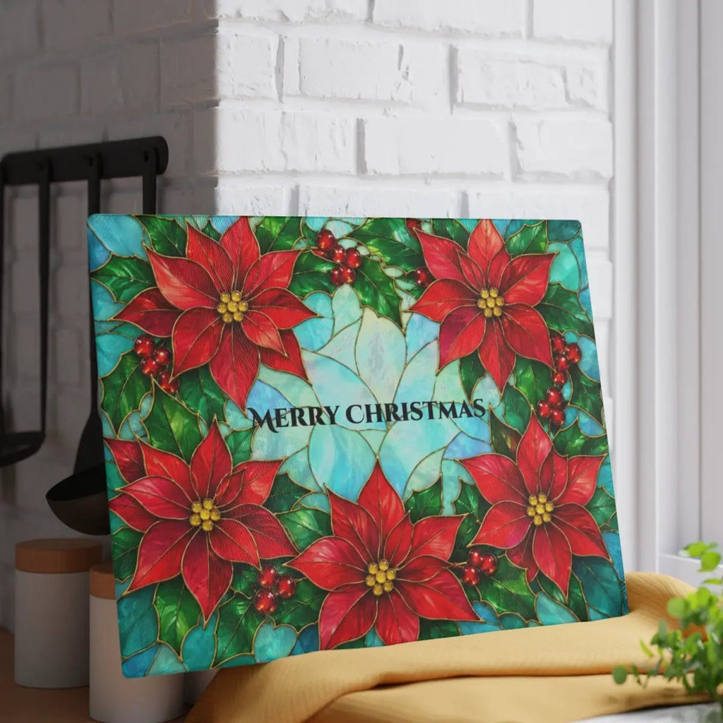 Poinsettia Glass Cutting Board, Christmas Kitchen Decor, Stained Glass Holiday Floral Chopping Board, Festive Hostess Gift for Home Cooks