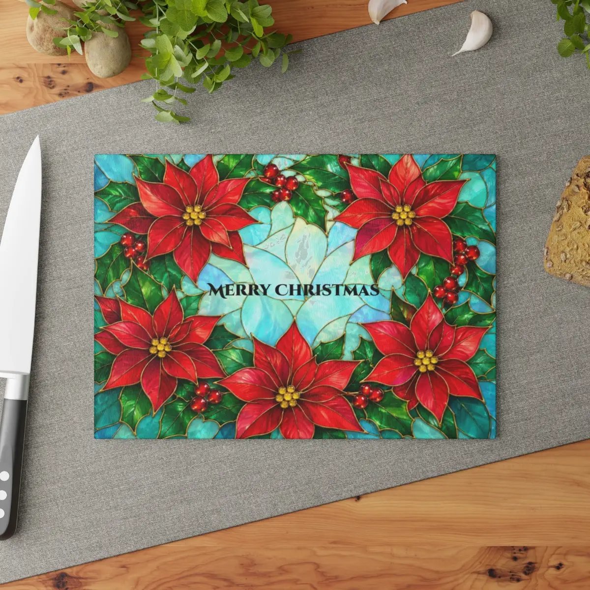Poinsettia Glass Cutting Board, Christmas Kitchen Decor, Stained Glass Holiday Floral Chopping Board, Festive Hostess Gift for Home Cooks