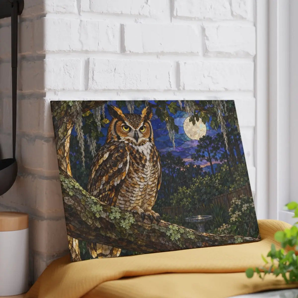 Great Horned Owl Glass Cutting Board, Owl Kitchen Decor, Backyard Bird Lover Gift, Birdwatcher Gift, Woodland Serving Board