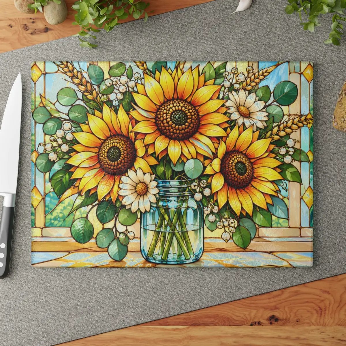 Sunflower Glass Cutting Board, Mason Jar Floral Kitchen Decor, Stained Glass Flower Board, Sunflower Gift for Mom, Cottage Kitchen Gift