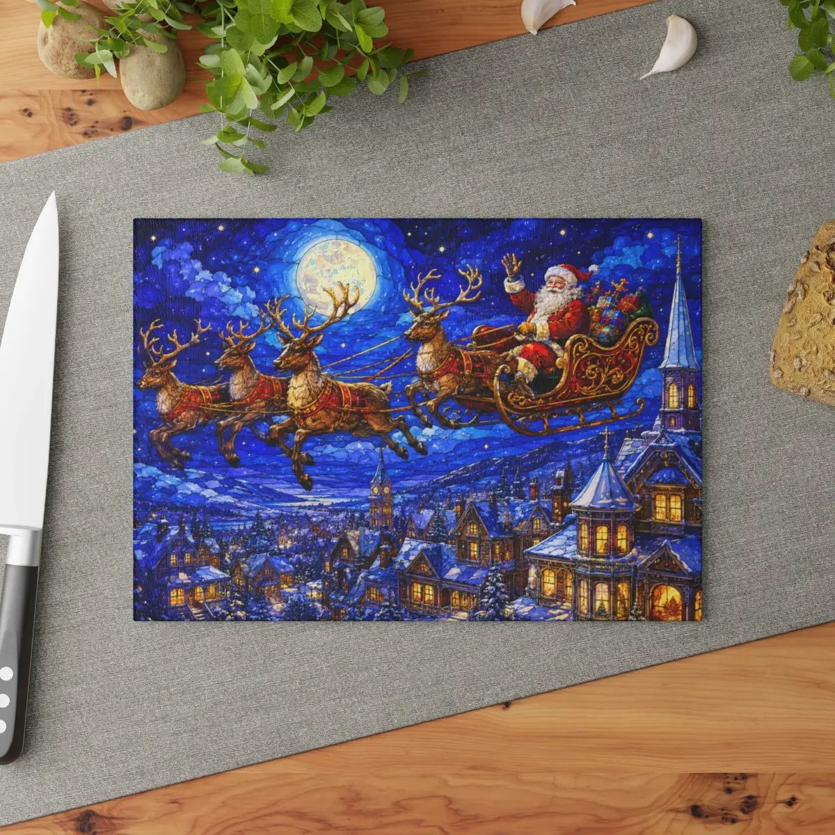 Santa Sleigh Glass Cutting Board, Reindeer Christmas Kitchen Decor, Christmas Eve Serving Board, Stained Glass Santa Gift, Holiday Decor
