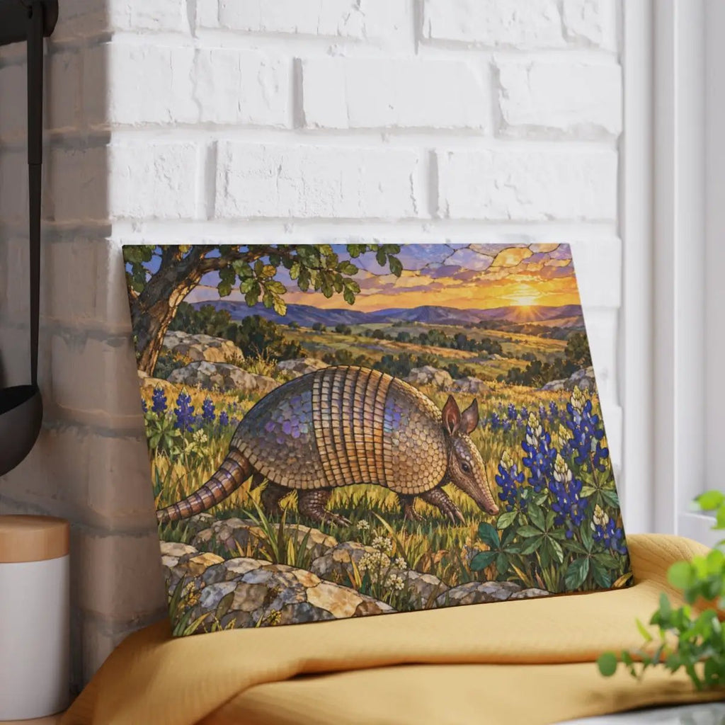 Texas Armadillo Glass Cutting Board, Bluebonnet Kitchen Decor, Wildlife Chopping Board, Southwestern Countryside Kitchen Gift, 2 Sizes