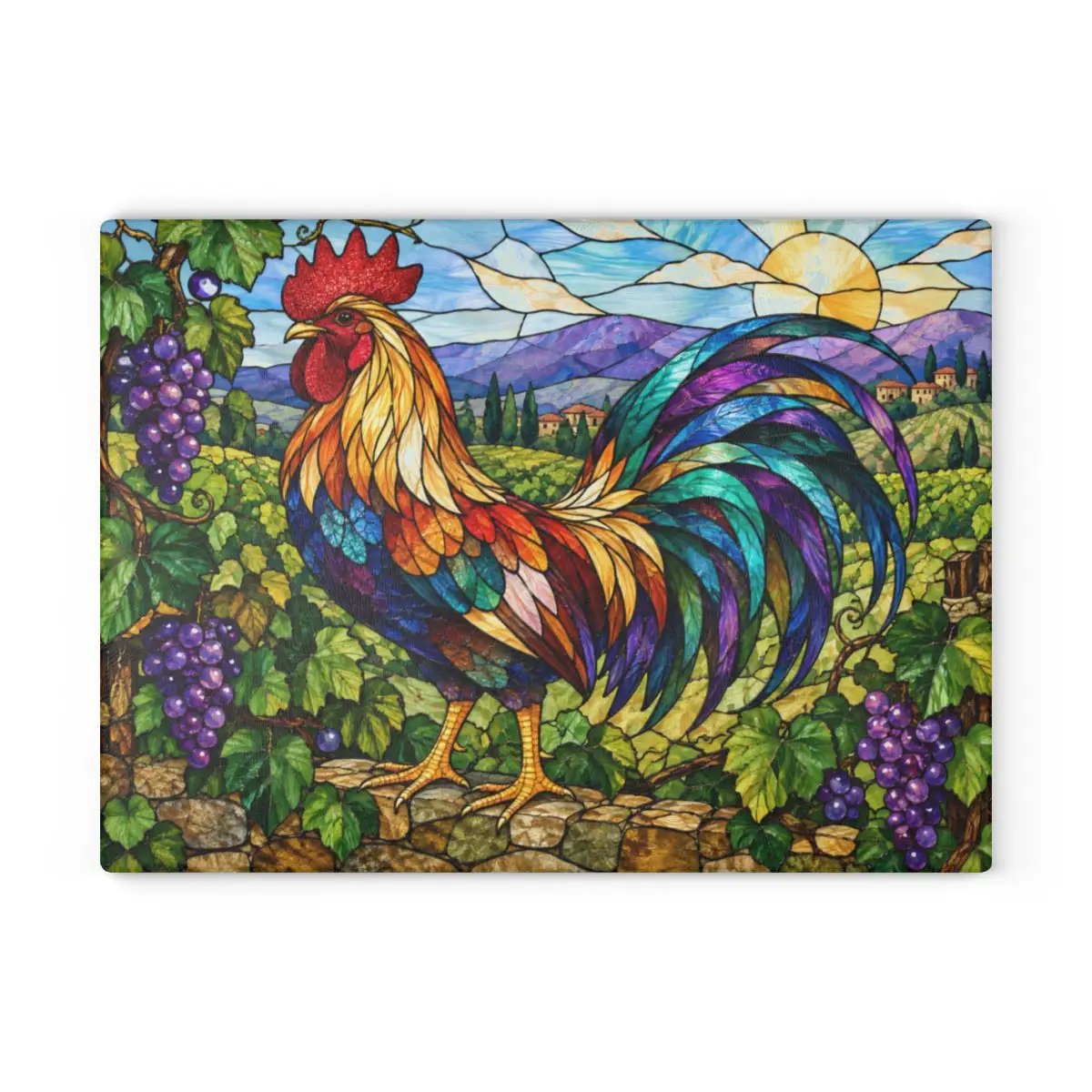 Rooster Glass Cutting Board, Vineyard Kitchen Decor, Colorful Stained Glass Rooster, Tuscan Country Kitchen Gift, Grape Vine Decor