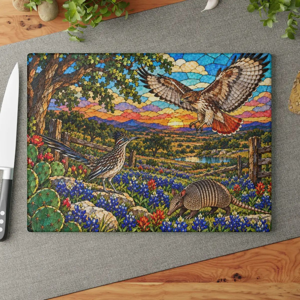 Texas Wildlife Glass Cutting Board, Roadrunner, Armadillo, Hawk Art, Bluebonnet Kitchen Decor, Hill Country Gift, Texas Wildlife Decor