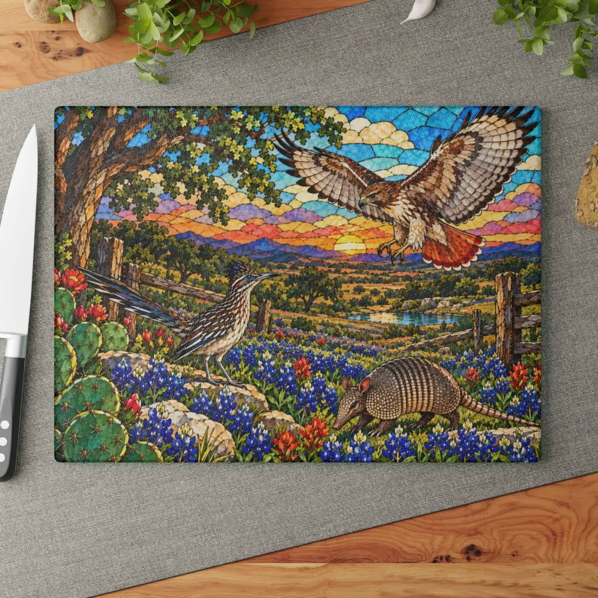 Texas Wildlife Glass Cutting Board, Roadrunner, Armadillo, Hawk Art, Bluebonnet Kitchen Decor, Hill Country Gift, Texas Wildlife Decor