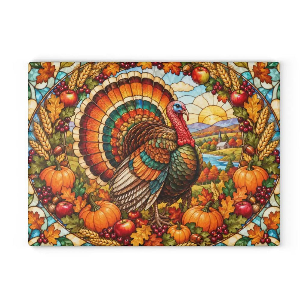 Thanksgiving Turkey Glass Cutting Board, Harvest Wreath Kitchen Decor, Stained Glass Fall Turkey, Pumpkin Apple Autumn Gift