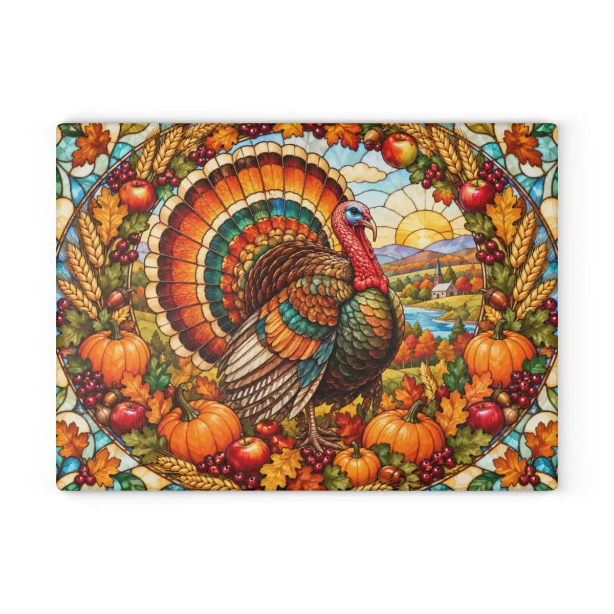 Thanksgiving Turkey Glass Cutting Board, Harvest Wreath Kitchen Decor, Stained Glass Fall Turkey, Pumpkin Apple Autumn Gift