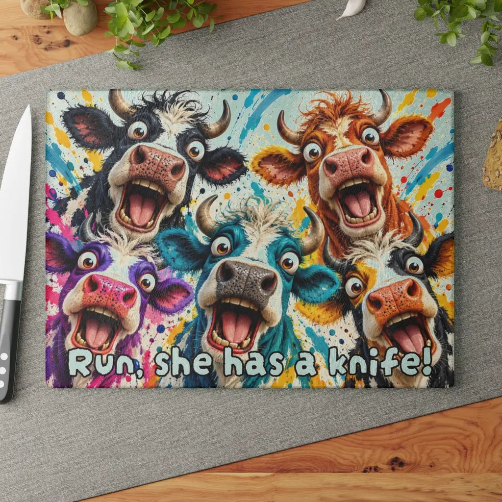 Screaming Cow Cutting Board, Funny Cow Glass Cutting Board, Colorful Cow Kitchen Decor, Farm Animal Gift, Cow Lover Gift