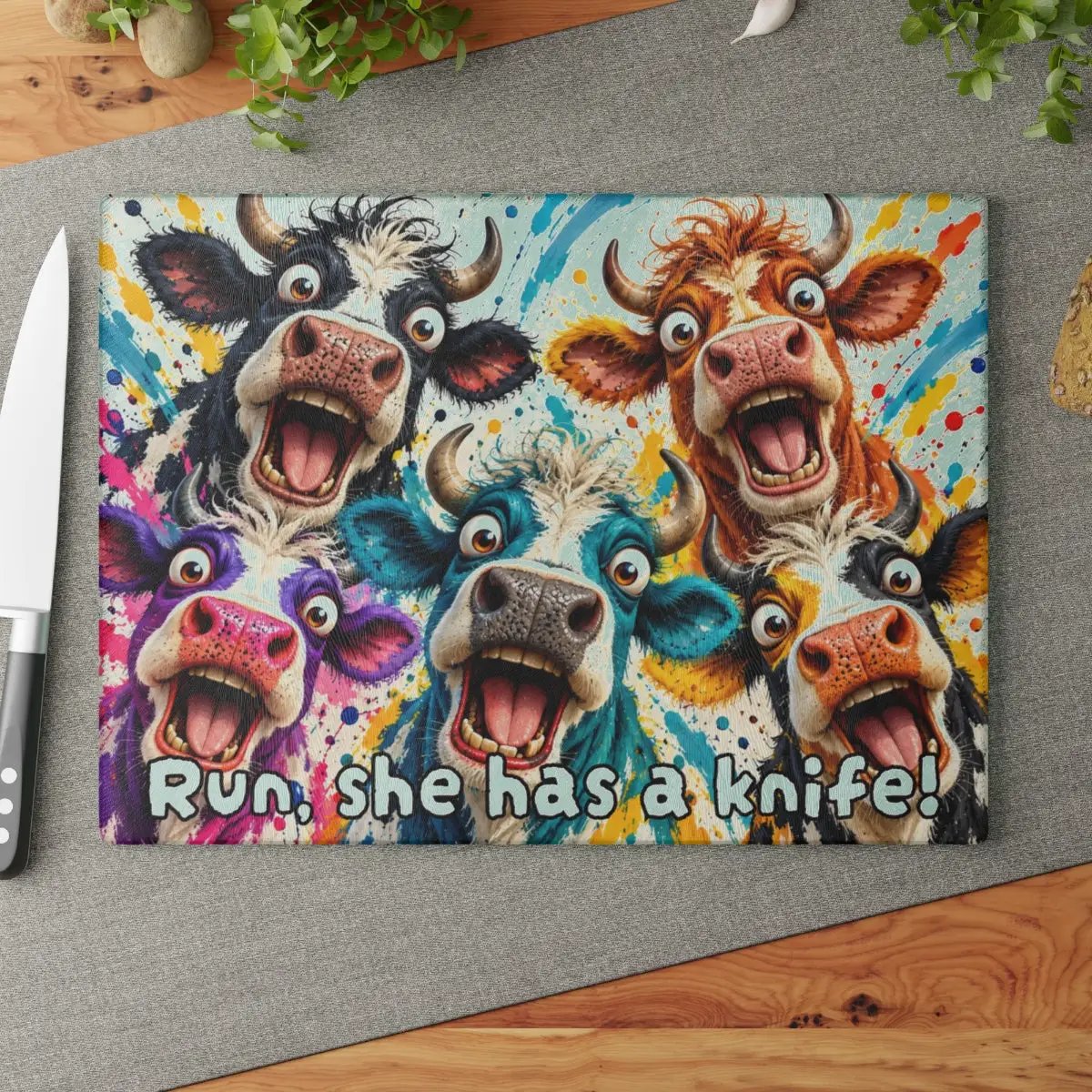 Screaming Cow Cutting Board, Funny Cow Glass Cutting Board, Colorful Cow Kitchen Decor, Farm Animal Gift, Cow Lover Gift