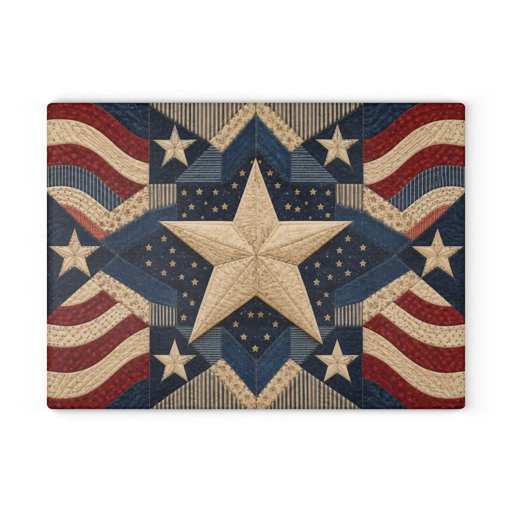 Patriotic Quilt Cutting Board, American Flag Glass Cutting Board, Americana Star Kitchen Decor, Quilter Gift, Red White Blue Decor